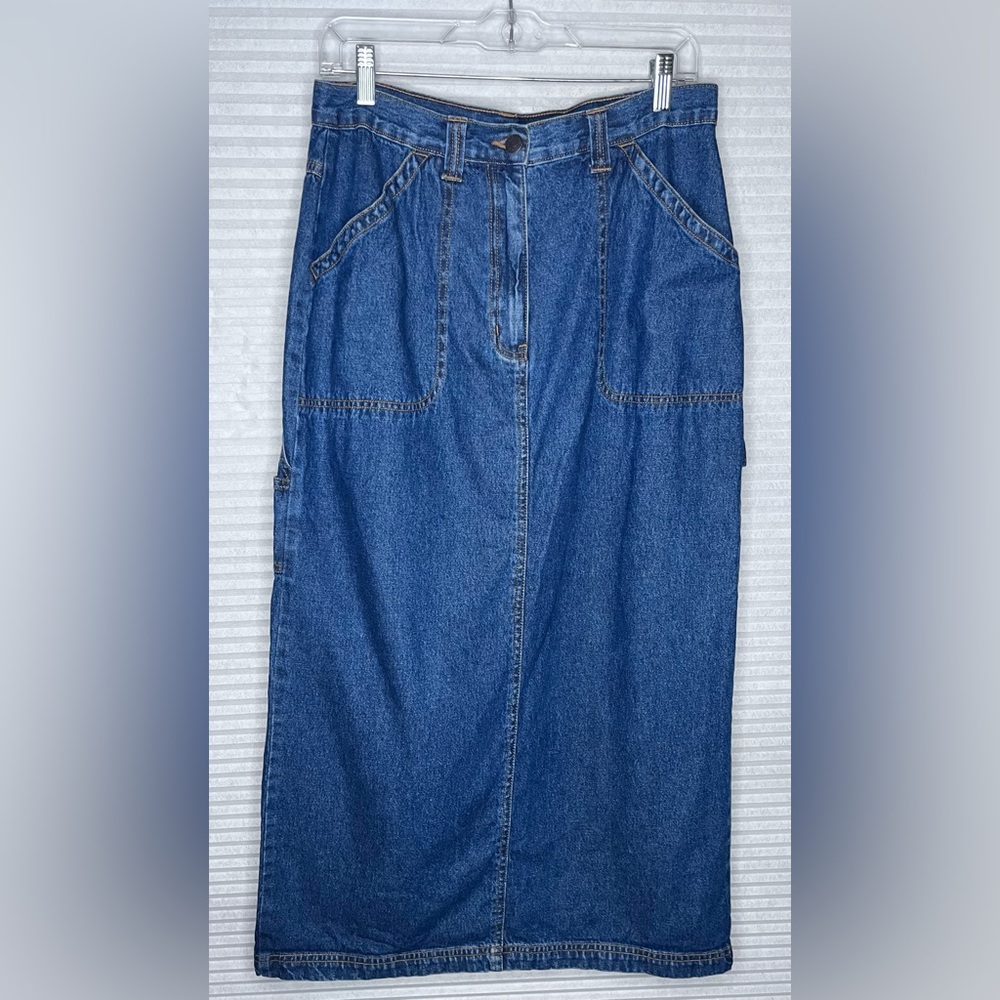 Vintage Bill Blass Long Denim Dark Blue Jean Skirt Size 10 Cotton Boho Western